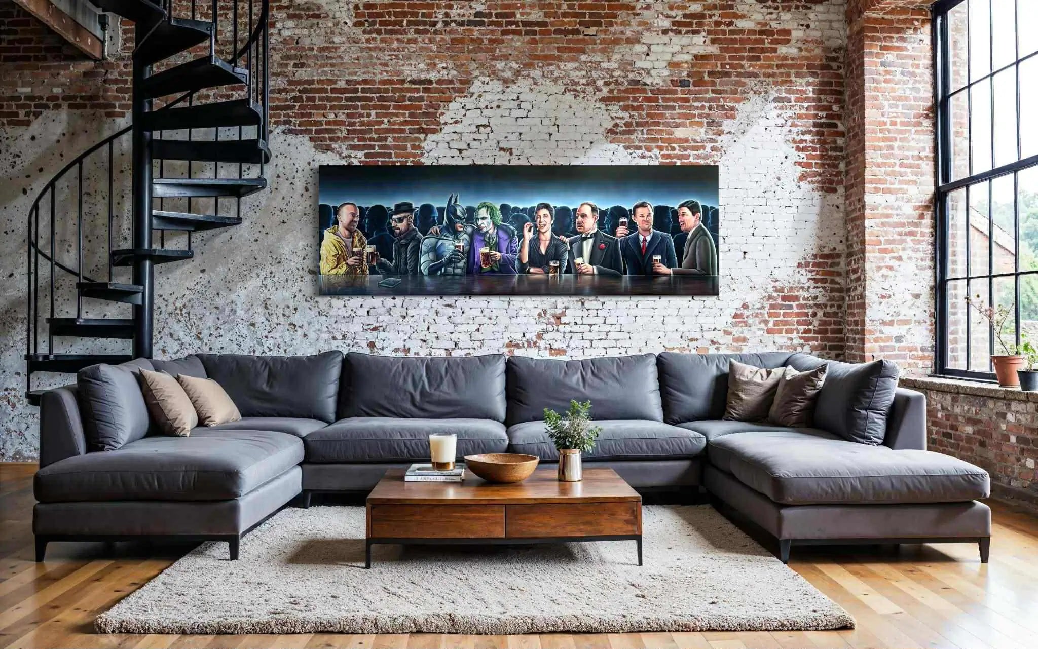 Modern living room with a sectional sofa, coffee table, and wall art. The Mancave - At The Bar - Art
