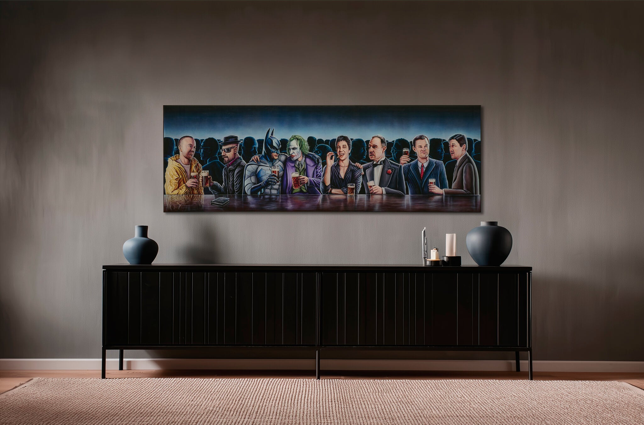 Large wall art of a group of people at a table in a living room setting.